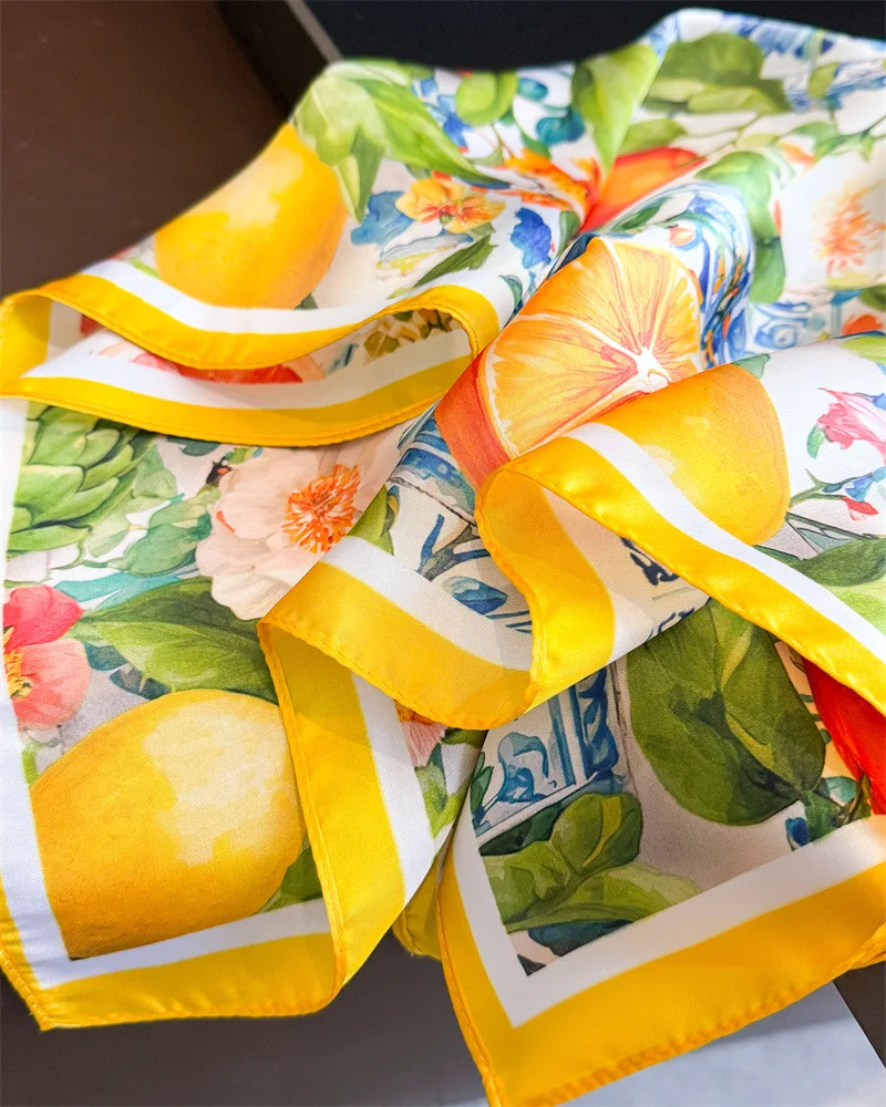 Modische bedruckte Seiden-Haarbänder, Sommer-Zitronenschal für Damen, 2026 Neu, elegantes Bandana, Halstuch, Kopfbänder, Foulard, Damenschals – Detail 9