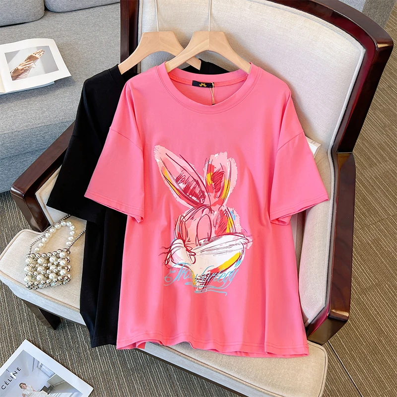 Футболка женская хлопковая с принтом, свободная Удобная дышащая ткань, модный топ с принтом, черный розовый, большие размеры 6XL, на лето