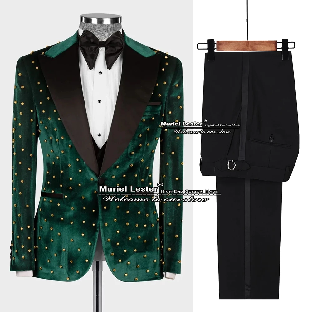 

Мужской бархатный костюм из трех предметов, черный пиджак с отложным воротником и брюки, деловые смокинги для свадьбы, элегантное вечернее платье с жемчугом для ужина