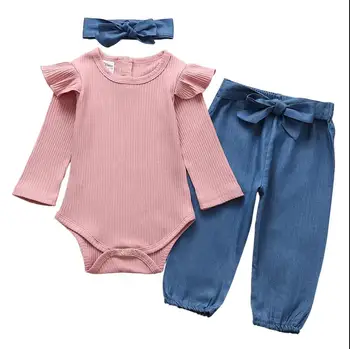 Set di vestiti per neonata, completo autunnale alla moda per bambina, tutina tinta unita, pantaloni, fascia per capelli, abbigliamento per neonati.