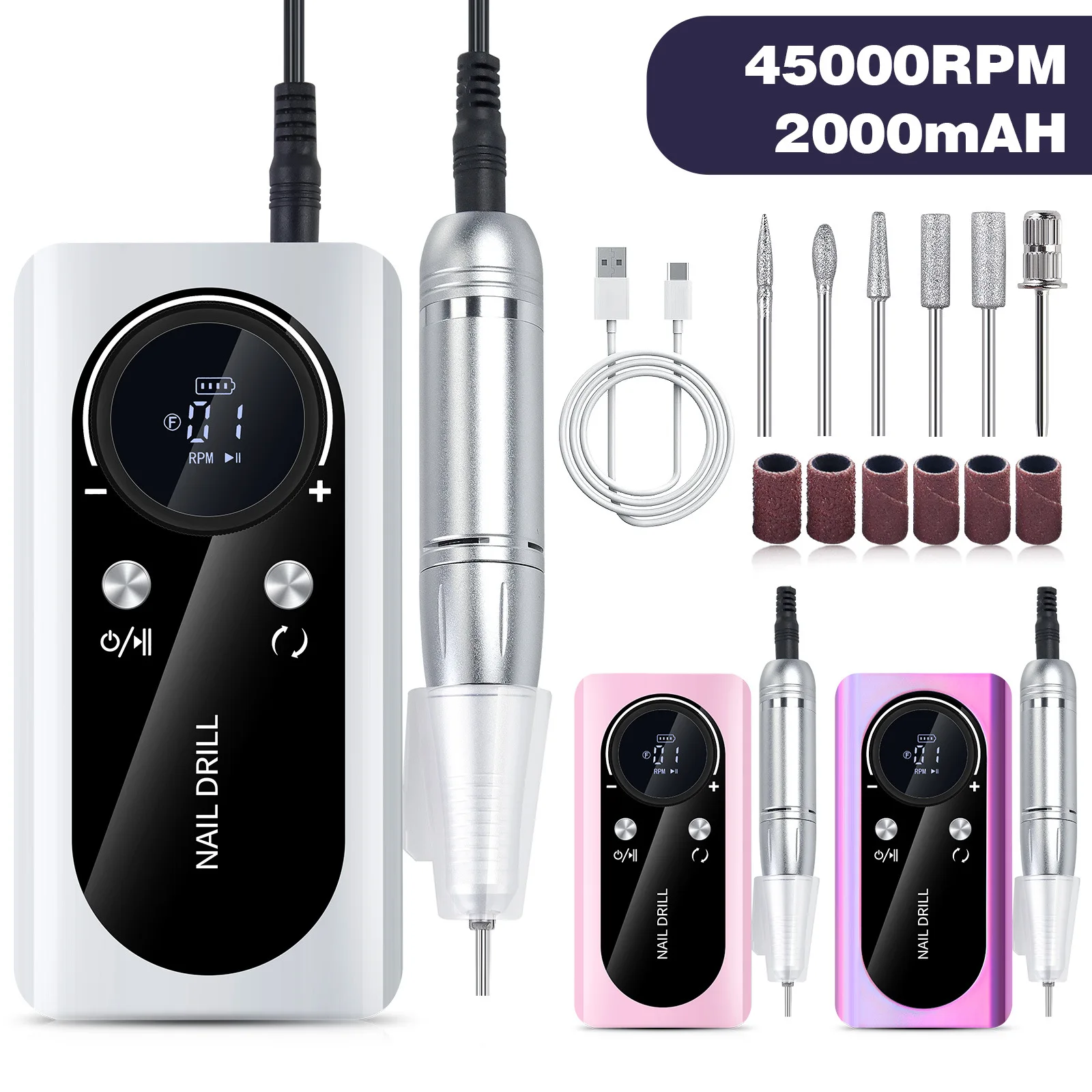 Description Picture 2 of item45000RPM Rechargeable Electric Nail Drill Machine Professional Nail Drills for Gel Nails Polish Portable Nail File Manicure Tool