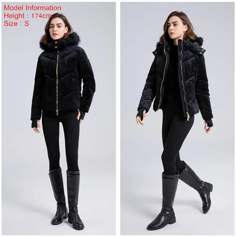 AS winter woman Velour / Vegan leather coat filled down outwear Detachable nature fur metal gold zipper women winter coat