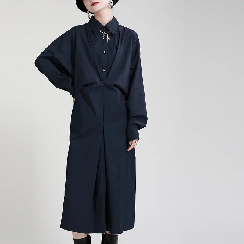 

Autumn clothes women 2023 new products French temperament literary style waist closed design shirt dress loose mid-length skirt