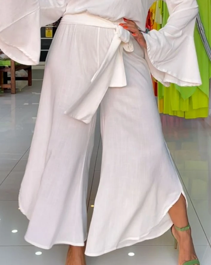 Elegant Women Jumpsuit 2024 Sexy Slash Neck Solid Color Off Shoulder Bell Sleeve Lace Up Wide Leg Jumpsuit Loose Overall