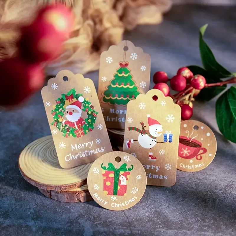 50 Stück Frohe Weihnachten Tags Kraftpapier Karte Geschenketikett DIY Hängeetiketten Geschenkverpackung Dekor Geschenkkarte Weihnachten Partyzubehör – Detail 4