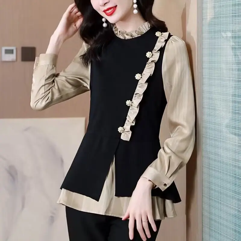 Fashion Spliced Button Ruffles Fake Two Pieces Blouses Women\'s Clothing 2023 Autumn Winter New Elegant Tops Asymmetrical Shirts