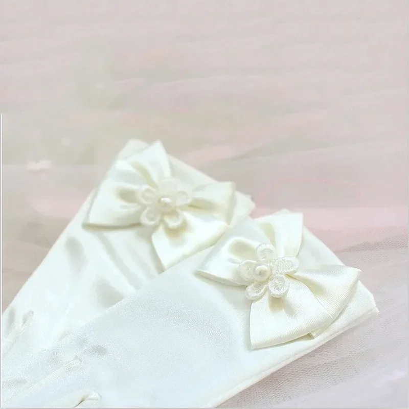 Sweet satin flower child gloves white gloves for kids children girls wedding with bow kids fashion children's mittens satin gloves children gloves