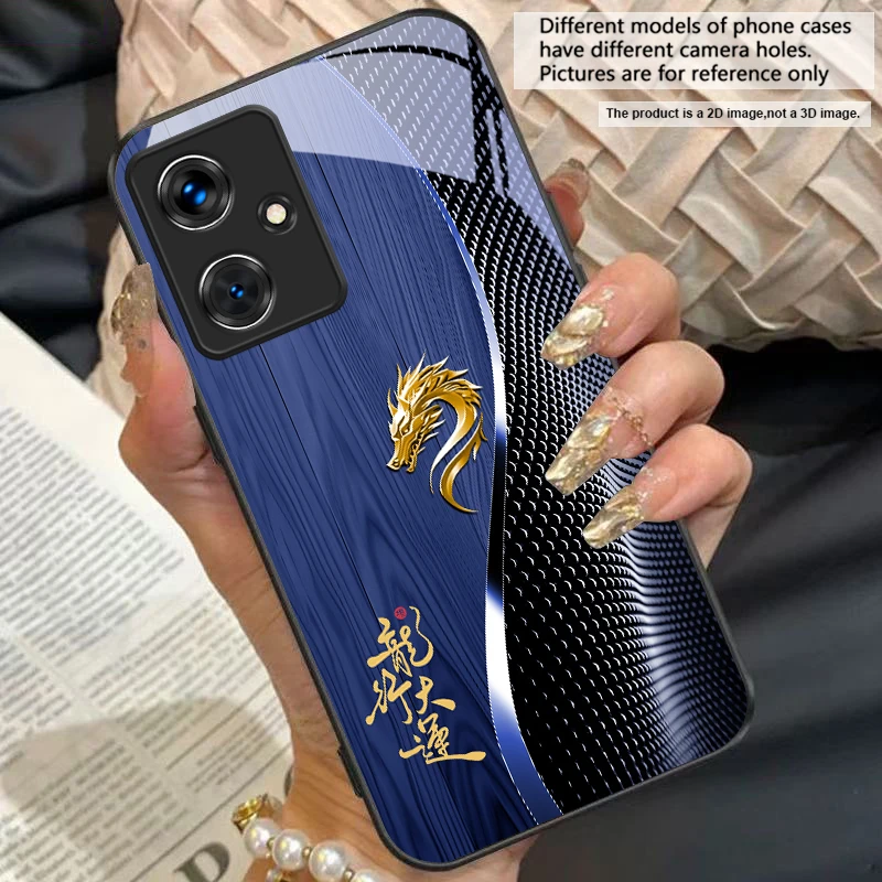 Elegant Black Tempered Glass Phone Case with Traditional Dragon Totem Design