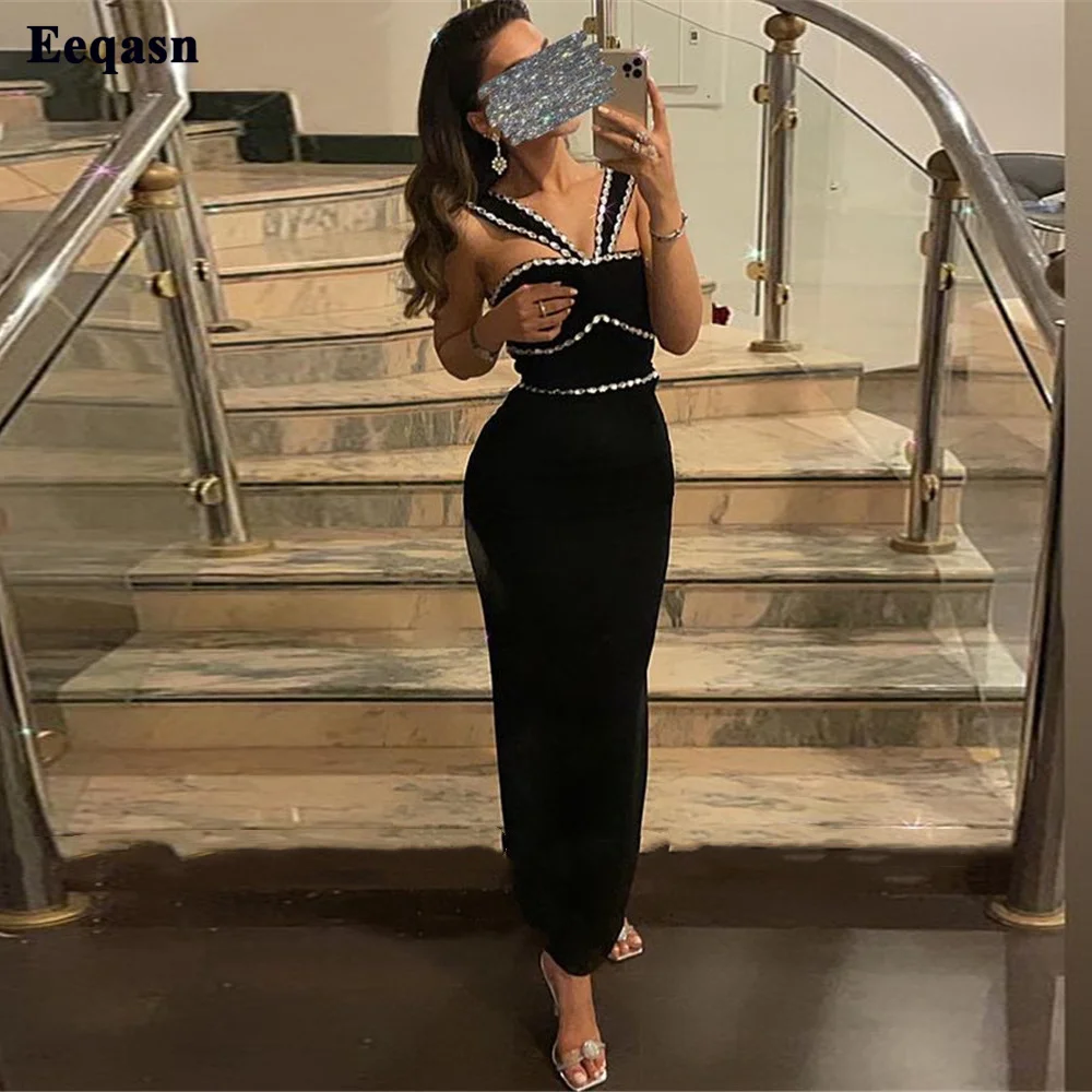 

Black Mermaid Arabic Evening Gowns Crystals Ankle Length Midi Prom Dresses For Women Wedding Party Formal Bridesmaid Gowns