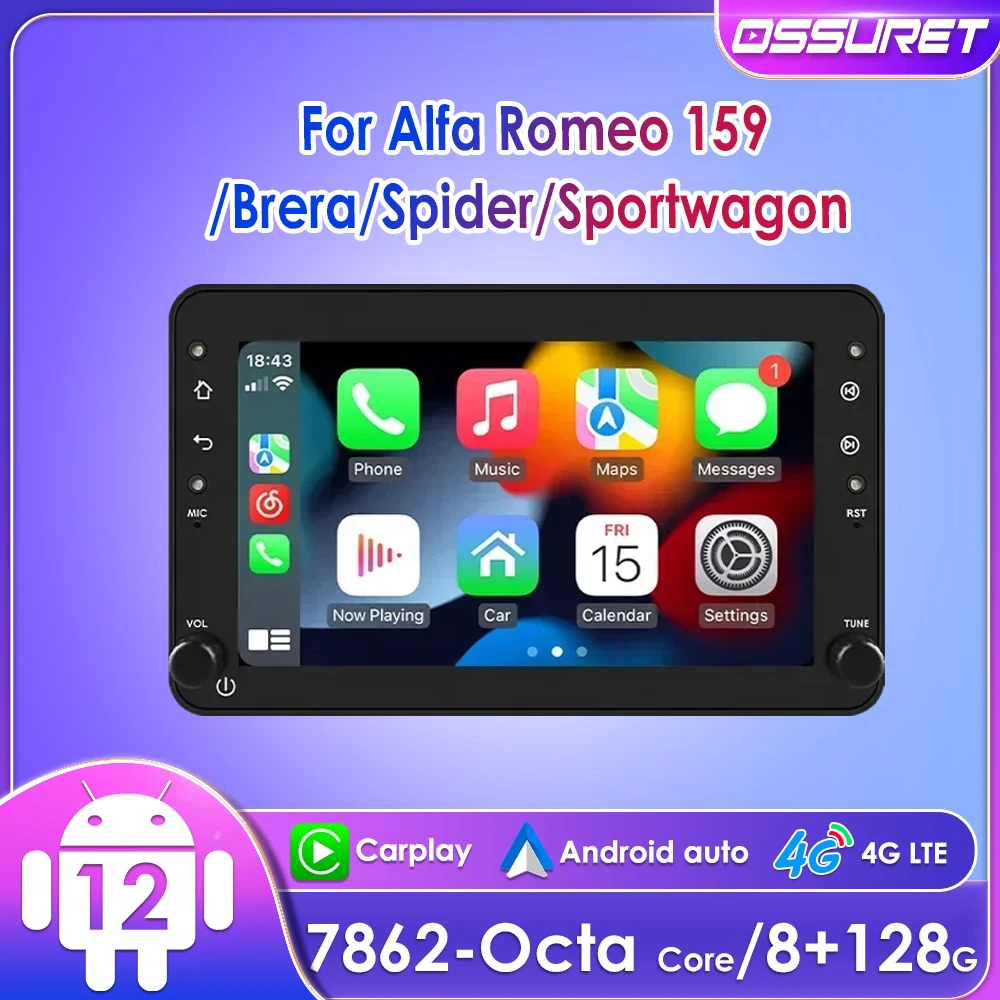 

7" Ossuret 2Din Android12 Car Radio for Alfa Romeo 159 Brera Spider Sportwagon Multimedia CarPlay RDS DSP GPS Navigation UI7862