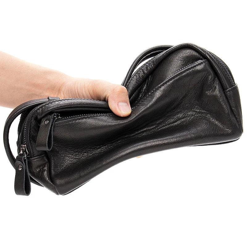 Leather business handbag super soft large capacity wash gargle bag leather casual handbag Male clutch bag black