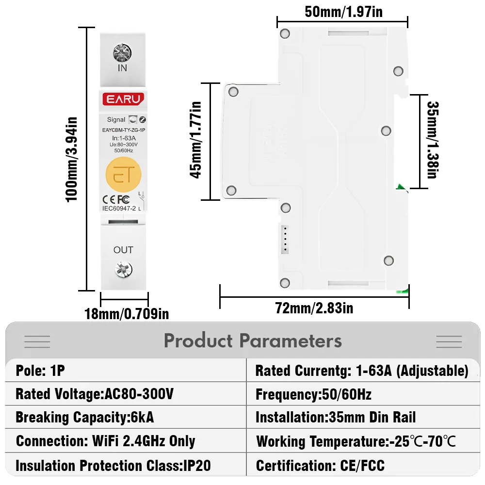 TUYA Zigbee WIFI Leakage Measurement Intelligent Circuit Breaker 1P EAYCBM-T 1P Kwh Time Relay Switch Leakage Voltage Protection