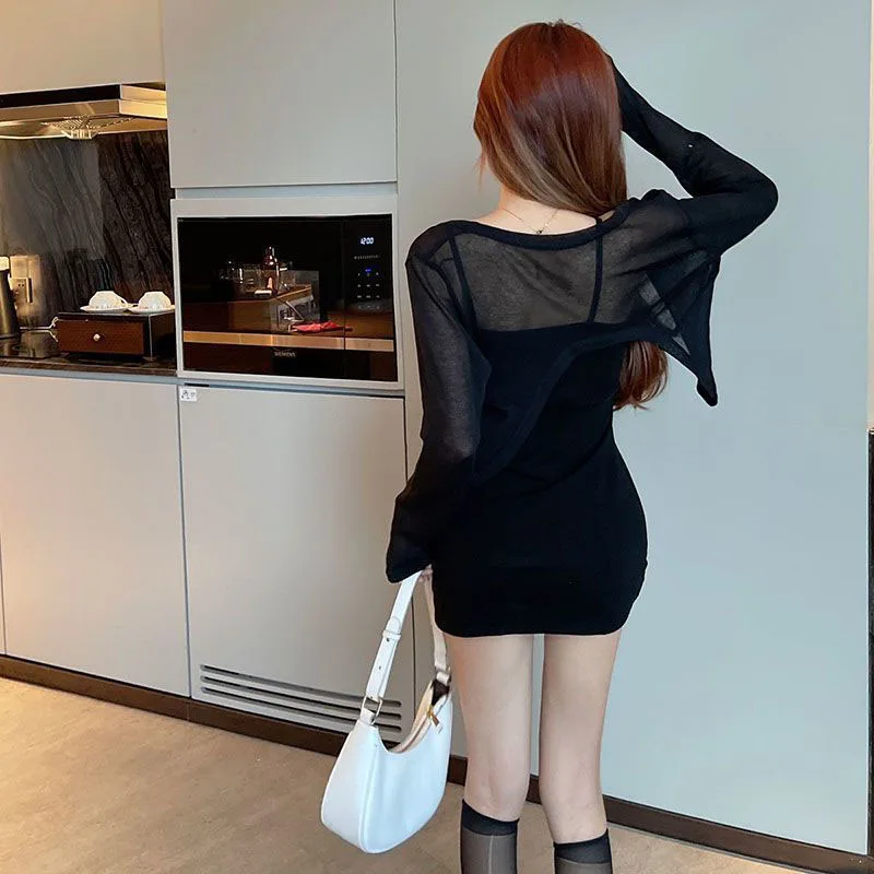 Xpqbb 여성용 블랙 화이트 자외선 차단 가디건, 긴 소매 얇은 시스루 크롭 탑, 심플한 단색 가디건, 여름