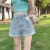 Unique design cuffed denim shorts for women, high-waisted loose slimming A-line versatile wide-leg hot pants for petite figures