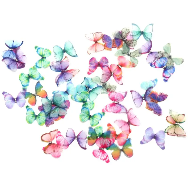 Gradient Color Organza Fabric Butterfly Appliques 38Mm Translucent Chiffon Butterfly Party Decor Doll Embellishment 50Pcs