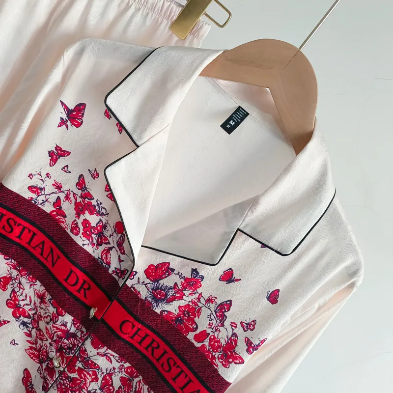 Ice silk butterfly women's pajamas two-piece set noble luxury long-sleeved pajamas set comfortable lapel women's home wear set