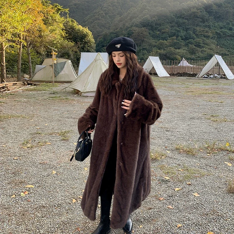 High-end Retro Brown Long Mink Fur Profile Lapel Coat Winter Clothes New Fashion Loose-Fit Long Sleeves Thick Faux Fur Jackets