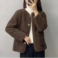 Lamb Fur Jacket Women round Neck Oversize Korean Style Autumn New Loose Small Size Lamb Velvet Top Trendy Cardigan Coat
