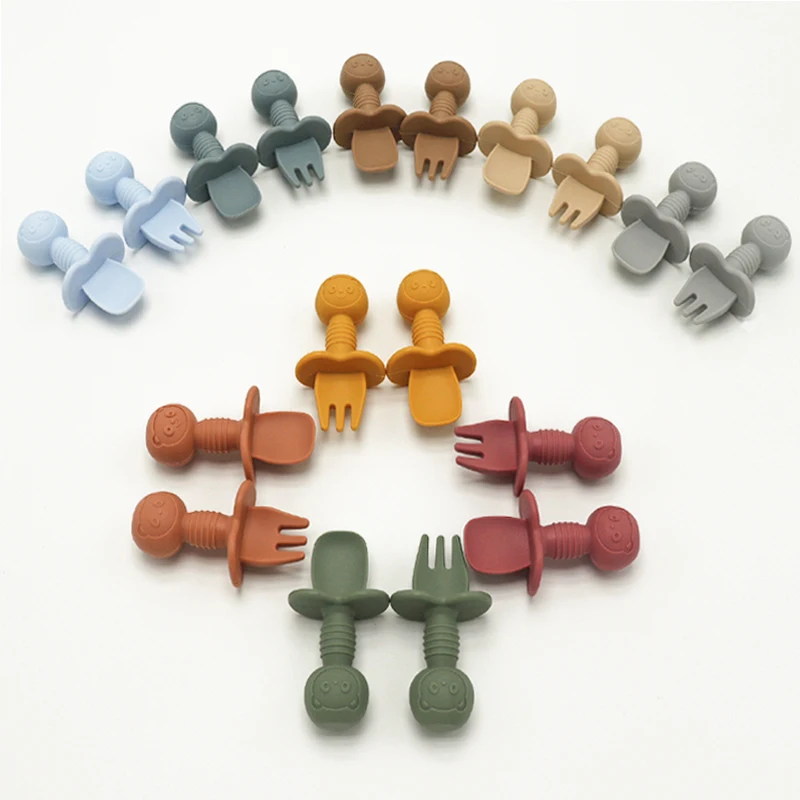 Silicone Feeding Spoon Silicone Cutlery Set Learning Spoons Fork Spoon Set Baby Cutlery New Baby silicone fork spoons baby training predator fork spoon short handle learn molar artifact silicone Baby soft spoons
