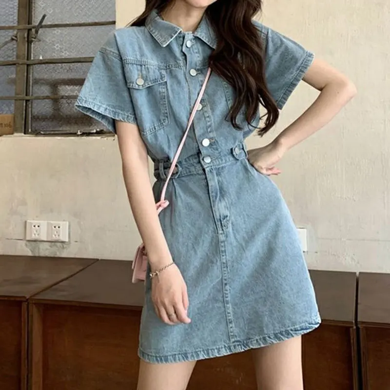 Solide POLO Kragen Hohe Taille Taste Kurzarm Denim Kleid Elegante Mode Harajuku Weibliche Kleidung Casual Alle Spiel Kleider