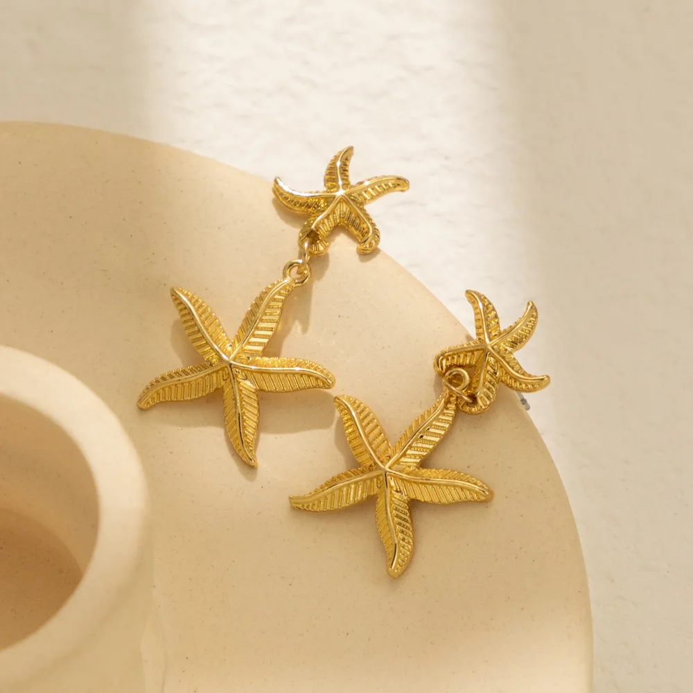 Striped Double Starfish Drop Earrings for Women Stainless Steel PVD Ribbed Star Ear Stud Party Gifts Beach Vintage Jewelry Aros