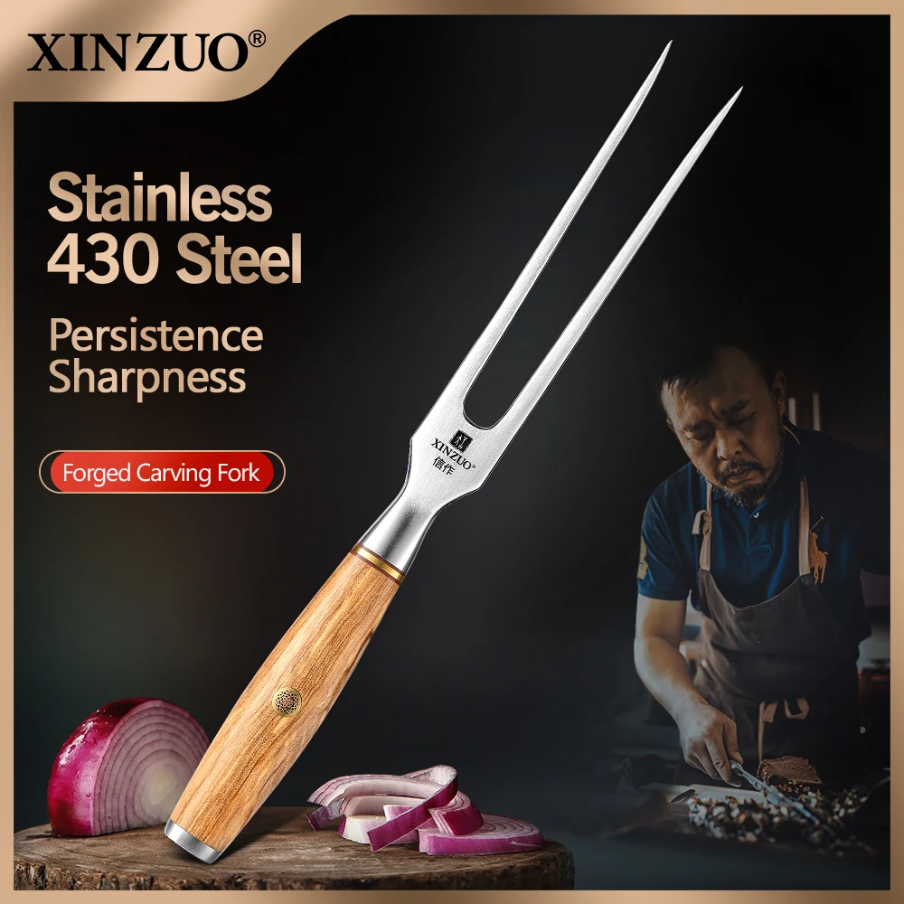 

XINZUO 430 Stainless Steel Carving Fork + 10'' Powder Steel Core Slicing Knife Outdoor Barbecue Tool Food Meat Fork Wood Handle