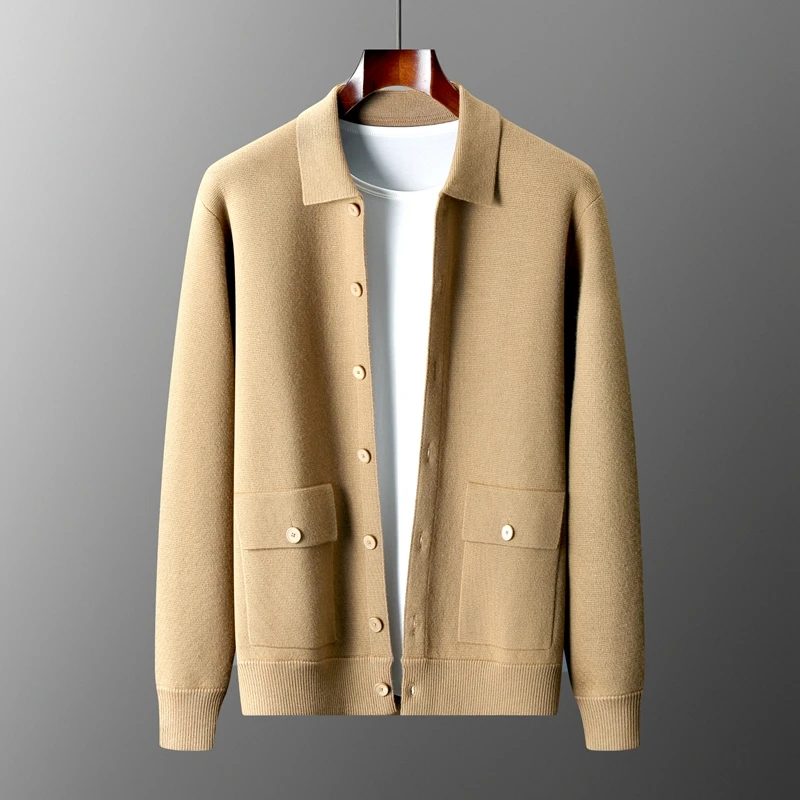 Autumn And Winter 100% Cashmere Cardigan Men's POLO Collar Coat Knitted Baseball Uniform Jacket Bottoming Wool Sweater