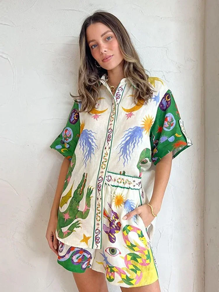 Summer Print Women Shirt Shorts Sets 2024 Beach Holiday Casual Loose Lady Suits Short Sleeve Shirts Elastic Waist Shorts Set