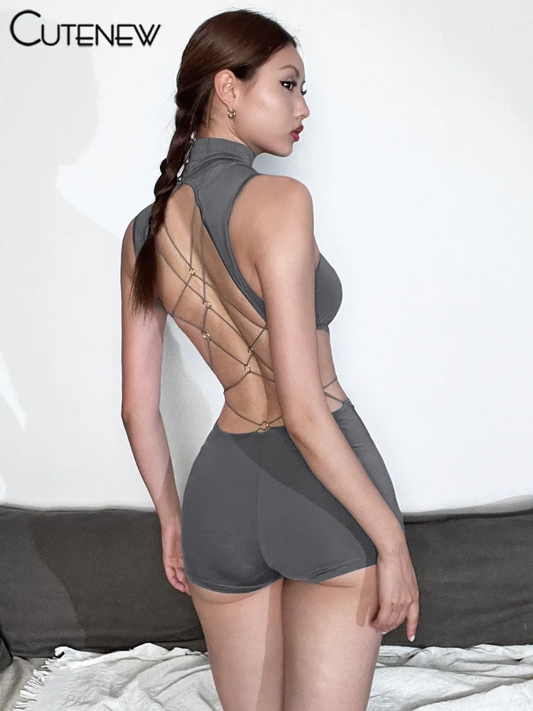 Monos sexys con espalda hueca para mujer, monos sólidos impresionantes sin mangas con cuello alto que moldean el cuerpo, ropa de calle elegante Y2K para mujer