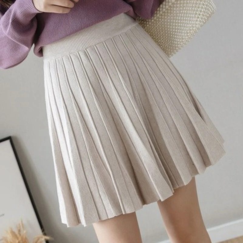 High Waist Knitted Pleated  Skirt for Women Ele Design Slimming  Color Autumn Winter Faion Casual High Elastici