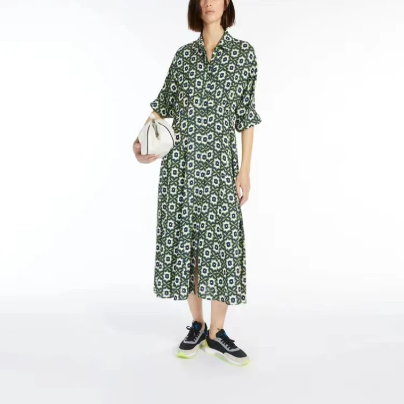 

2023 Spring and Summer New Women Retro Long Geometric Print Casual Long-sleeved Lapel Dress