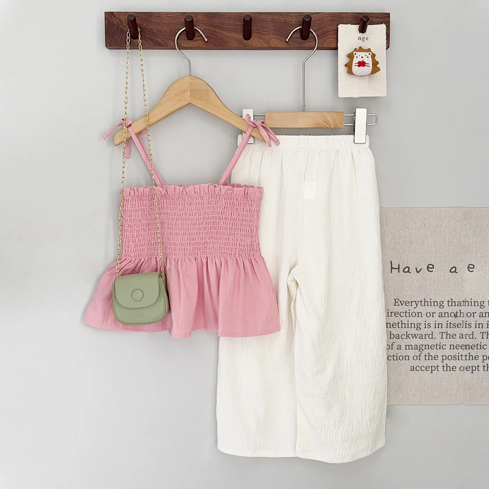 Bär Führer Mädchen Anzug Koreanische Version Sommer Khaki Rüschen Hosenträger T-shirt + Beige Hosen 2Pcs Set 3-7 jahre Kinder Kleidung – Detail 3