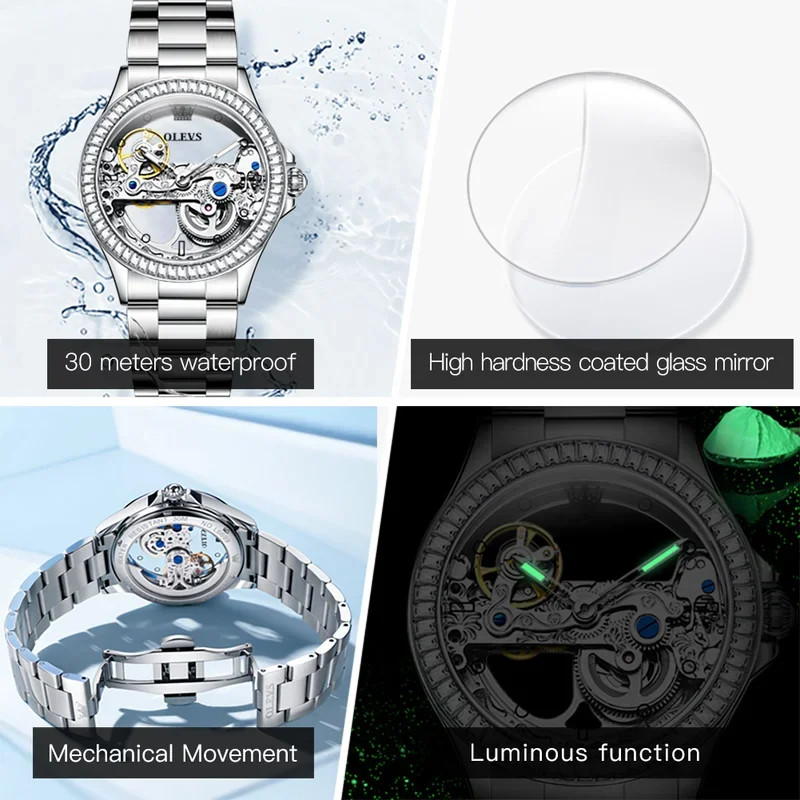 3Pcs/Set OLEVS 6699 Transparent Women Mechanical Watches Luxury Automatic Movement Stainless Steel Waterproof Hollow Watch Woman 5