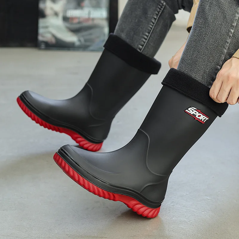Bottes pluie homme style allemand pêche anti-odeur fourrées PVC toutes saisons cuisine