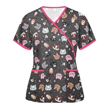 

Women Blouse Fashion Animal Printed Short Sleeve Scrubs Tops Neck Pet Tops Working Uniform Blouse Shirt Nurse Uniform Femme Tops