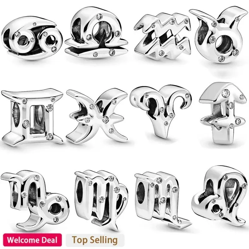 Sparkling 925 Sterling Silver 12 Zodiac Beads Charm Fit Original Women's Bracelet DIY Jewelry Gift Fashion Light Luxury keychain charm mold rainbow light effect pet pendant epoxy molds dropship