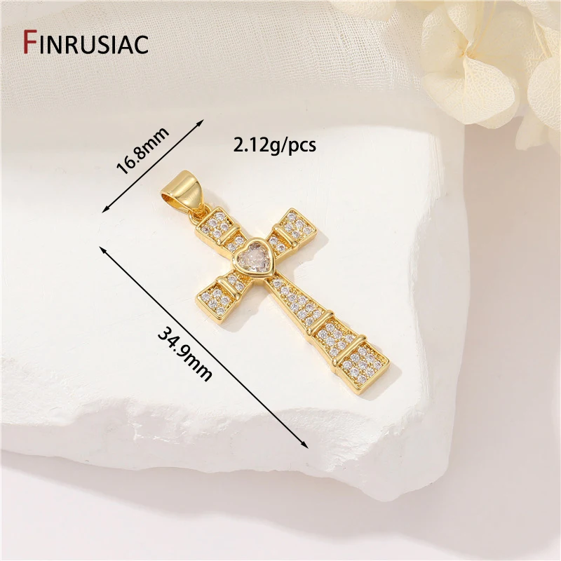 14K vergoldetes Messing, bunter Zirkon-Herz-Kreuz-Charm für religiöse Schmuckherstellung, Zubehör für die DIY-Halskettenherstellung – Detail 5
