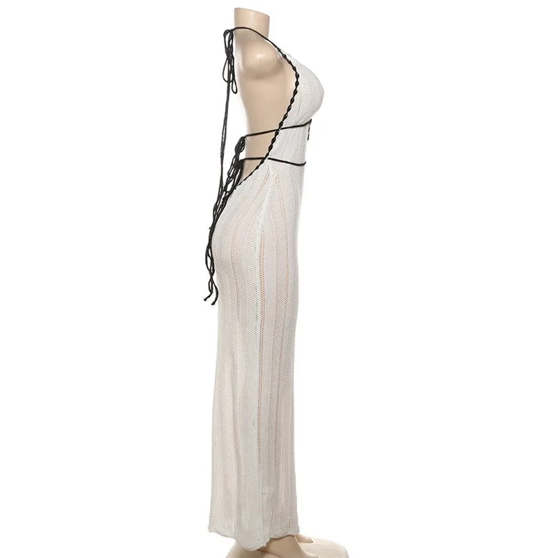 Knit V-Neck Backless Maxi Dress Women's Slim Lace-Up Fashion Contrast Patchwork Bandage Knitwear Dress Female Long Dress