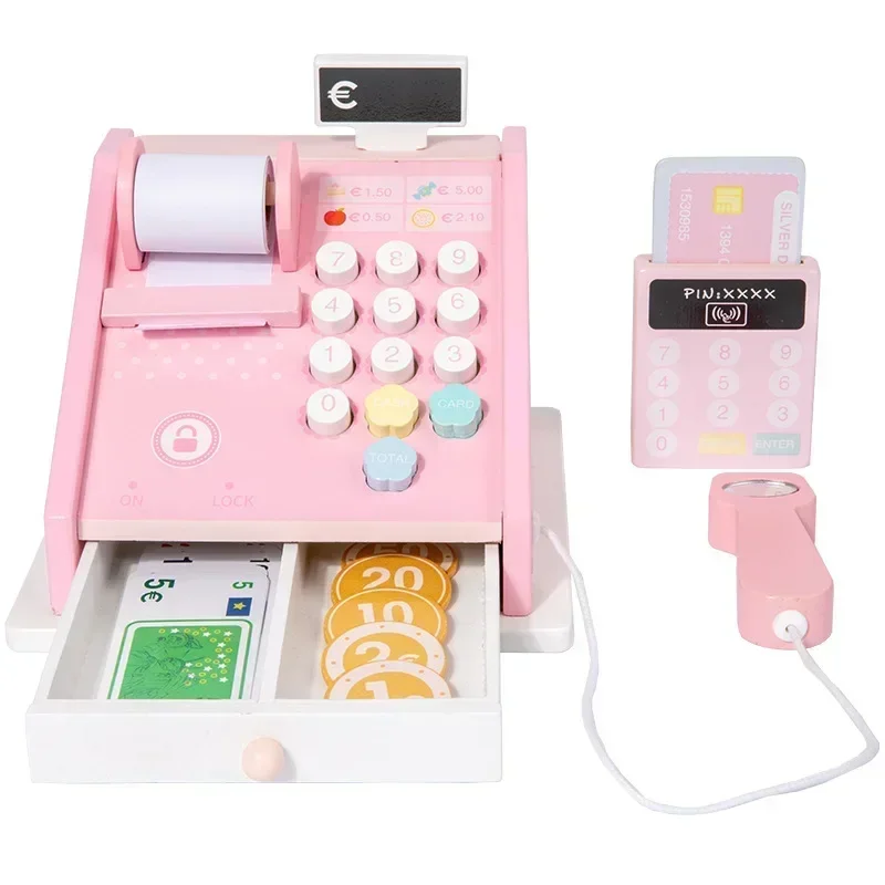 Wooden Cash Register Toy Kids Cash Register Money Counting Toys Colorful Strong Cashier Toy With Scanner And Credit Card For Pre