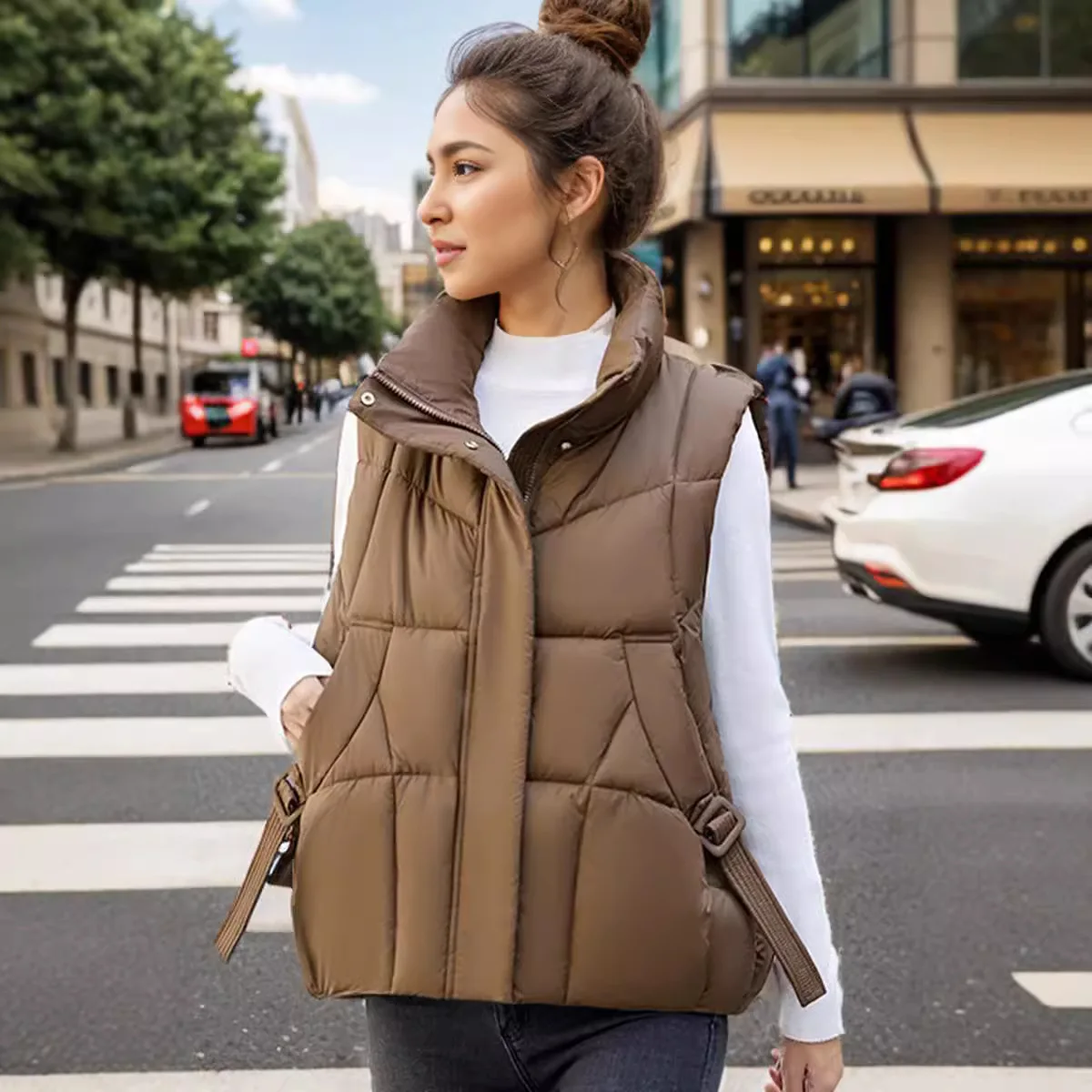 Women Fashion Stand Collar All-Match Warm Sleeveless Waistcoat Jacket Coat Autumn Winter Down Cotton Vest