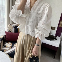 South&nbsp;korea Chic Summer Temperament with Holes Lace Lace Lace Puff&nbsp;sleeve Shirts + High Waist Wide Leg Casual Pants Set Women 