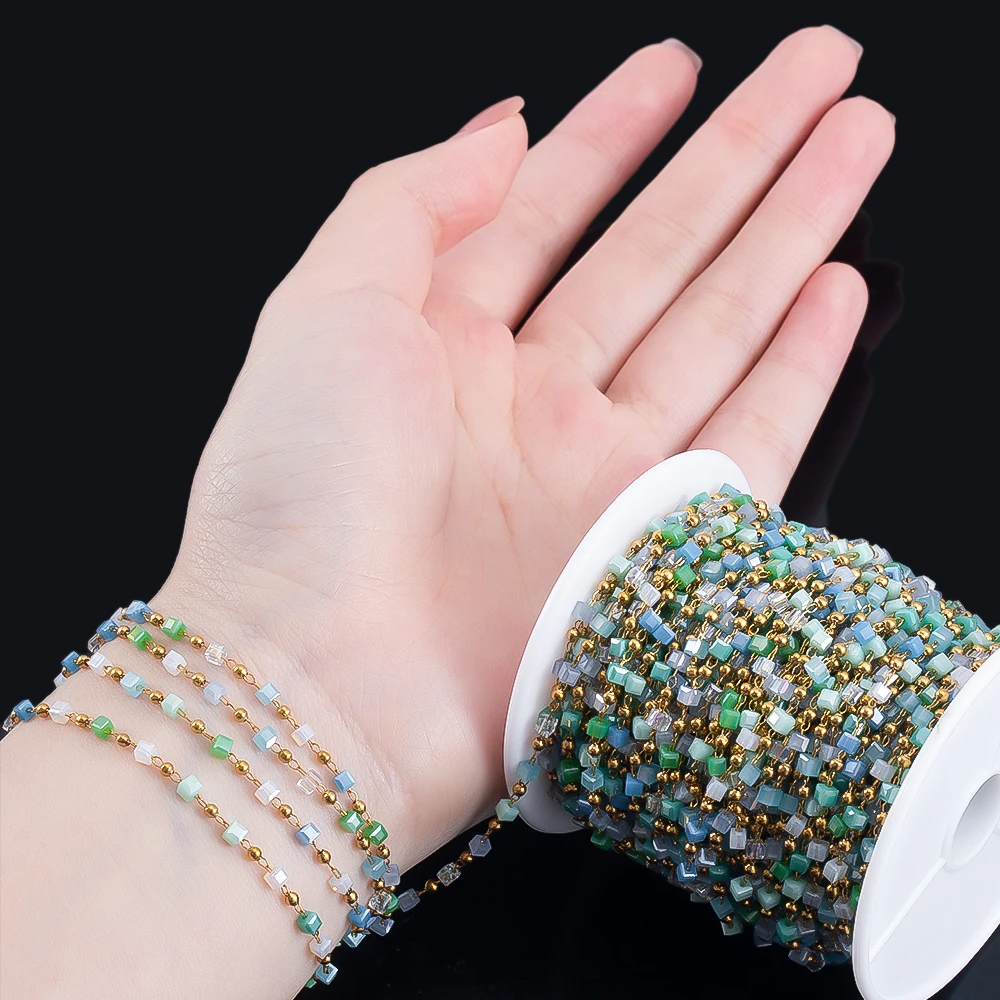 1 Meter 2,5 mm Edelstahlkette grüner Würfel quadratische Kristallperlenkette für Schmuckherstellung DIY Boho Halskette Armbänder Zubehör – Detail 6