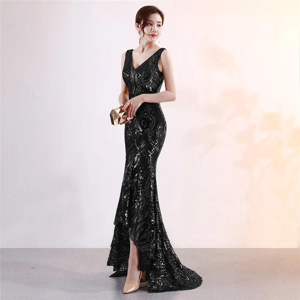 Women's  V Neck Sequins Tank Asmmetrical Mermaid  Evening Dress