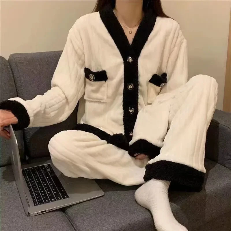 Coral Velvet Pajamas For Women in 2023 Winter Loose ins Sweet and Cute plush Thickened Flannel Winter Home Wear set Solid Color