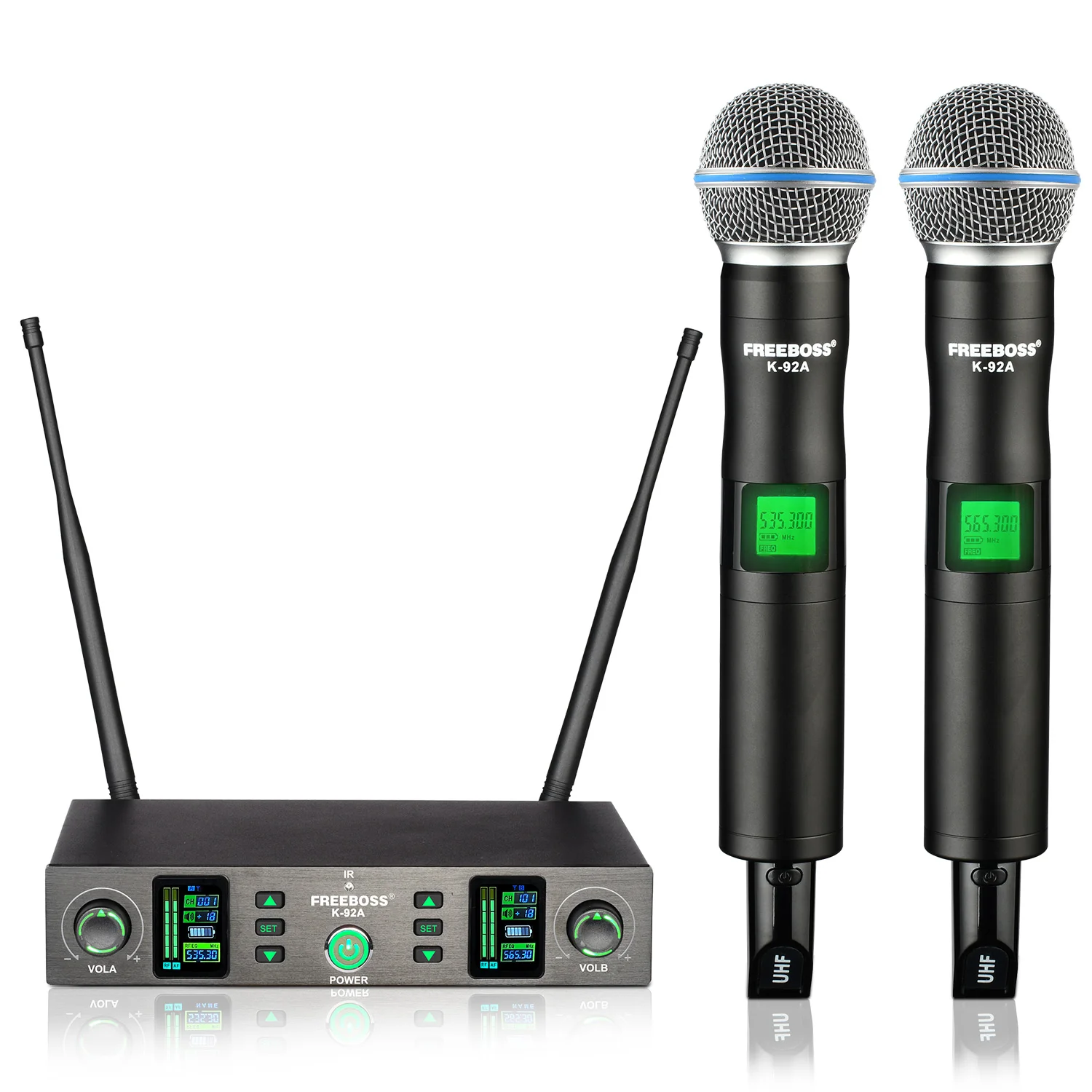 

FREEBOSS Stage Wireless Microphone UHF Multi-Frequency 2 Handheld Transmitters Cardioid Dynamic Cordless Mic Performance K-92A