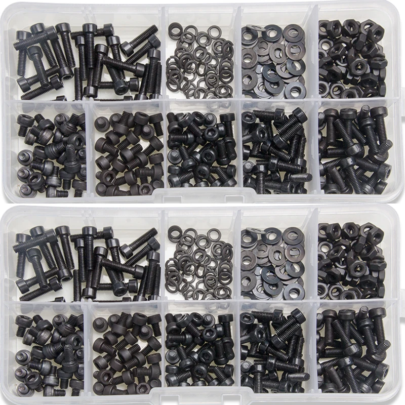 300Pcs M3 Screws Black Carbon Steel Column Hexagon Screw Bolt Nut Flat Pad Washers Spring Box Kit Bolts and Nuts