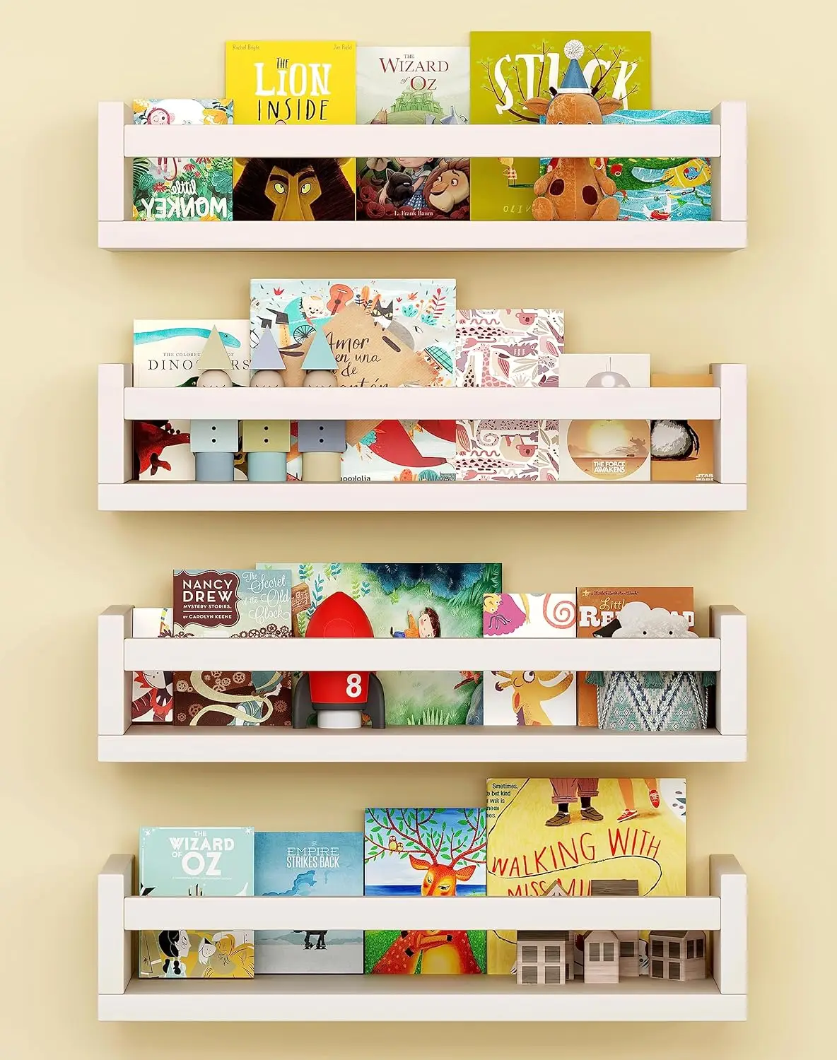 Set of 4 Wall-Mounted Kid's Bookshelf - White Floating Nursery Book Shelves - Durable Wood Construction 3