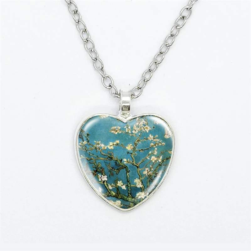 Fashion Van Gogh Art Starry Night Sunflower Necklace Glass Cabochon Painting Heart Pendant Printed Photo Necklaces 3