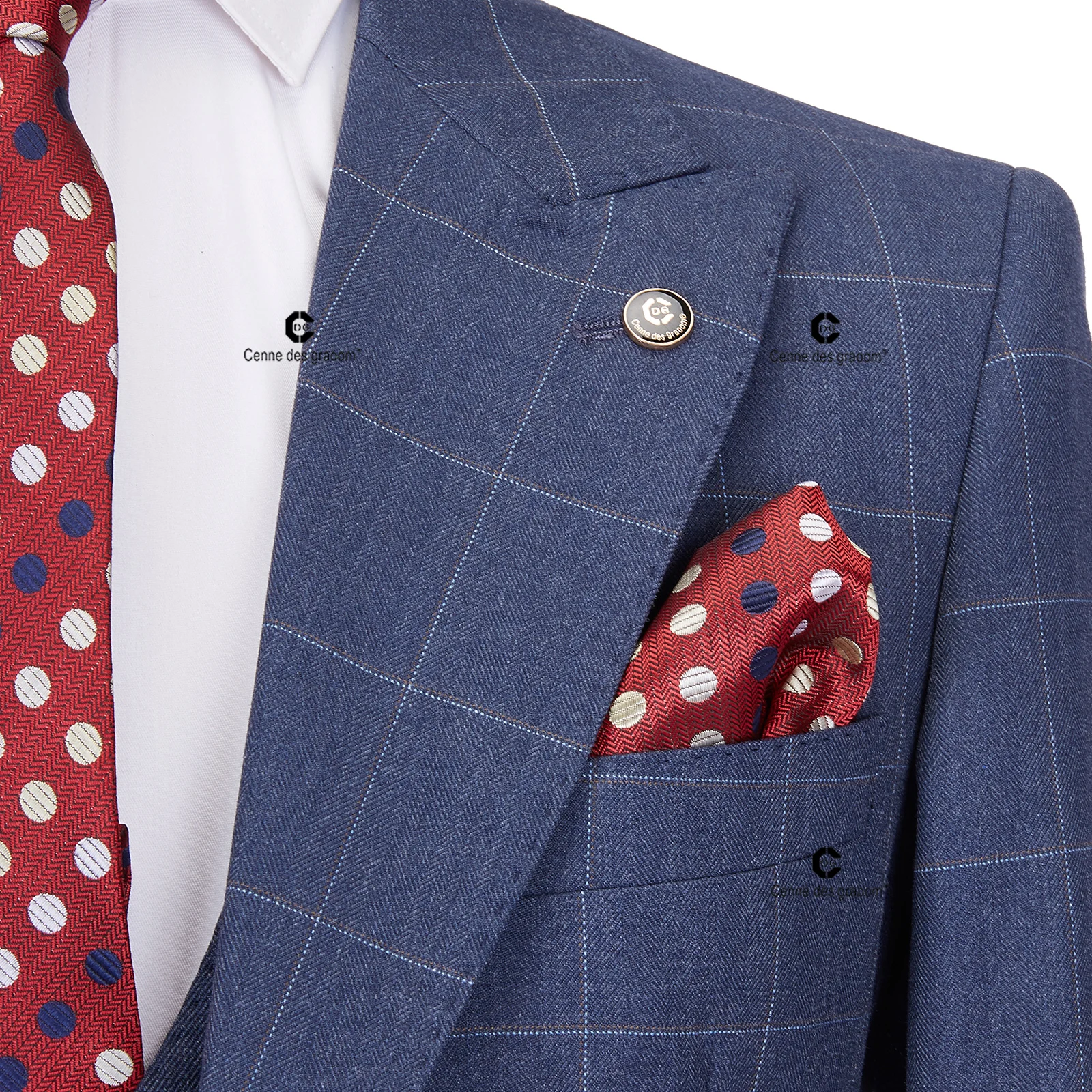 Cenne Des Graoom Tailor-Made Blue Plaid Men suits Slim Fit Jacket Vest Pants 3 Pcs Set Groom Business Office Meeting Party