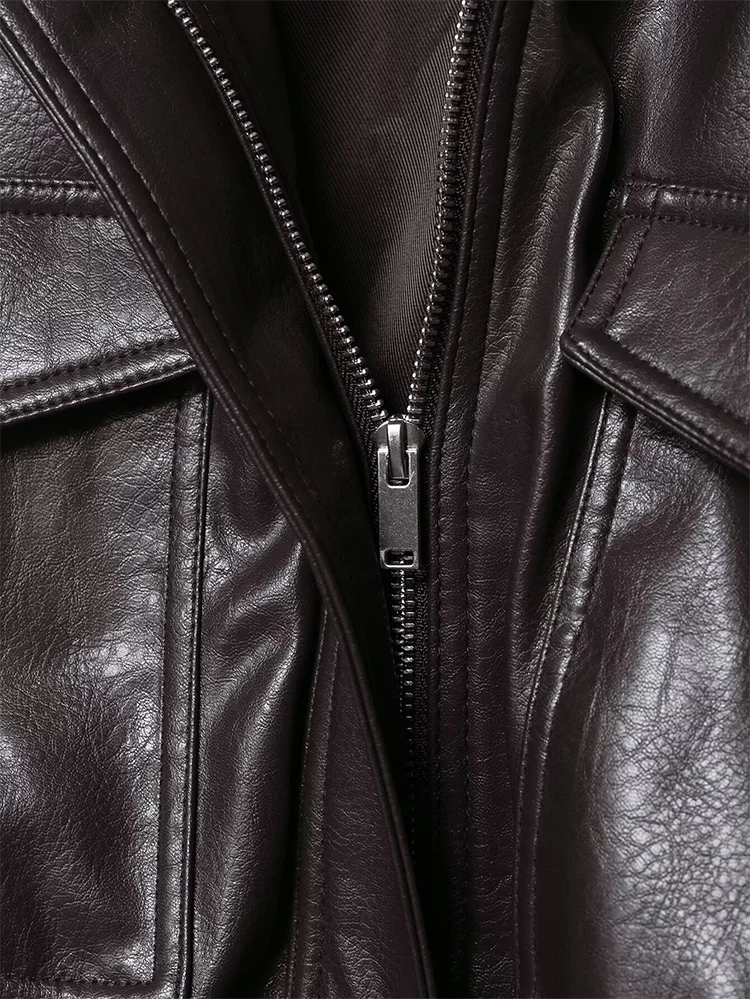 2025 Women's Faux Leather Effect Short Jacket Vintage Stand Collar Long Sleeve With Shoulder Straps Pockets Casual Streetwear